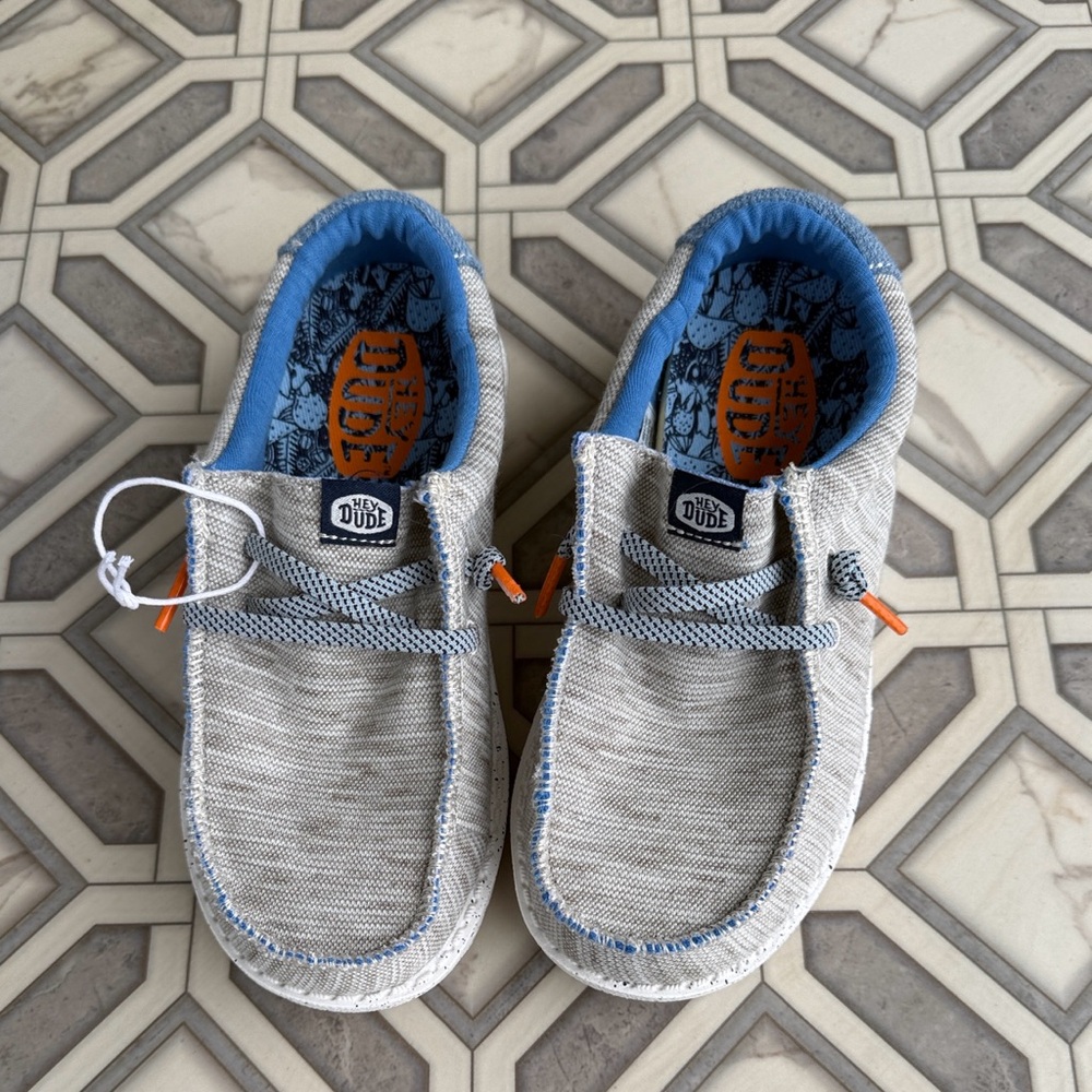 NWOT Hey Dude Kids Light Gray & Blue Slip-On Sneakers with Orange Accents